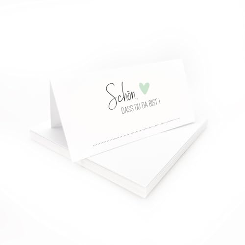 Tischkarten Schön, dass du da bist weiß mit Herz | Farbe wählbar | 25, 50, 100 Stück | selbst beschriften | Namensschilder, Platzkarten | für Hochzeit, Geburtstag uvm (Grün, 25)