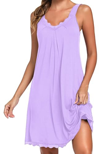 Uniexcosm Camisón de Mujer Algodon Camisones Mujer Sexy sin Manga Camisón con Tirantes Antideslizantes Cuello en V Ropa de Dormir Vestido Ligero y Suave para Hogar Púrpura XXL