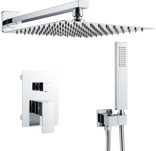 Solepearl Sistema Doccia Set Doccia Completo Cromo Opaco, Sistema Soffione a Pioggia con Miscelatore Incasso, Soffione Doccia a Parete 25x25cm Incluso Doccetta e Kit di Rifinitura Quadrato