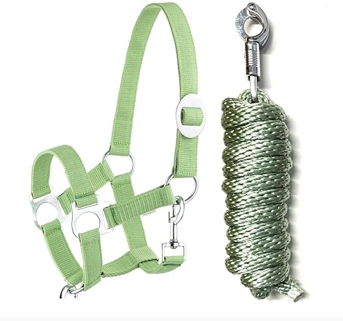 JA4002 Halfter Führstrick Set mit Panikhaken verstellbar Pferdehalfter Pferd Holzpferd Anbindestrick (Panikhaken Grün, Pony)