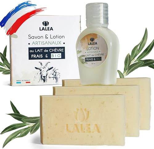 getmjölktvål (3 x 100 g) | presentlotion (30 ml) | Handgjord i Frankrike, naturlig getmjölksmask, ansiktsskrubbning, anti-finnar, anti-akne, fast ansiktsrengöring, presentidé
