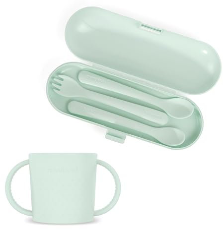 Miniland Set Posate Evolutive e Tazza con Manico Blu Menta. Prodotto in Spagna, per neonati e bambini