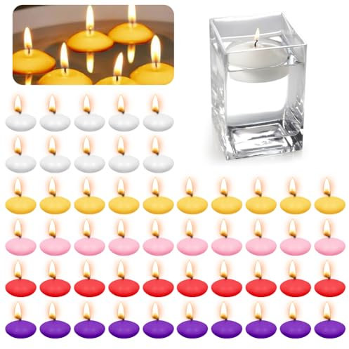 Schwimmkerzen, 50 Stück Schwimmende Kerzen, Wasserkerzen Schwimmkerze, Unparfümierte Schwimmkerzen, Teelichter Kerzen für Hochzeitspool, Valentinstagbadewanne, Partys (Rot+Gelb+Lila+Weiß+Rosa)