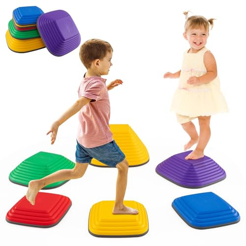 GYMAX Stepping Stones for Kids, Toddler Balance Stone with Non-Slip Edge, Indoor Outdoor Stackable River Stones for 3+ Years Old Boys Girls (Colorful, 6 Pcs: 34 x 34 x 15cm)