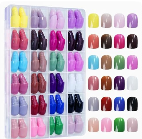576 Pieces(24 Colors) Long False Nails Round Fake Nail Full Cover Artificial Acrylic Nails Tips Press on Nails for Women Girls DIY Nail Art Design (Short Square False Nails, Medium)