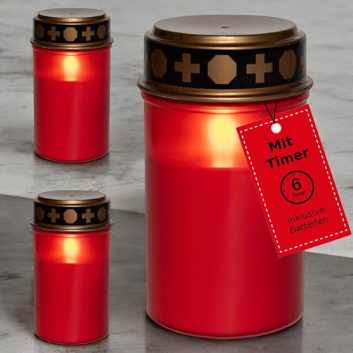 Novaliv Velas LED para tumbas con batería y temporizador 6/18 rojas, 3 velas para cementerio, luz LED con batería, vela de cementerio, vela LED para exteriores, vela conmemorativa para tumba, luz