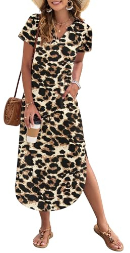 AUSELILY Women's Summer Casual Dress with Pockets V Neck Spotted Leopard M