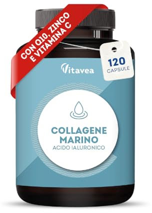 Collagène Marin + Acide Hyaluronique - 120 gélules - Peptides de Collagène Marin Hydrolysé, Type 1, 3 - Avec Coenzyme Q10, Vitamine C & Zinc -Peau, Cheveux, Articulations - Fabriqué en France -Vitavea
