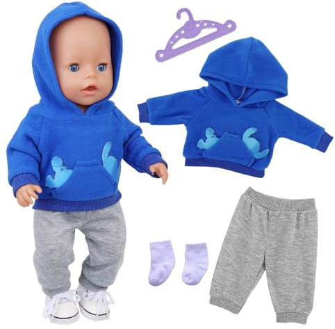 4 pièces de vêtements mignons pour poupées de 14-18 pouces, 35-45 cm, tenues pour poupées bébé, sweat à capuche bleu, pantalon, chaussettes, cintres, 43 cm, nouveaux accessoires de vêtements pour