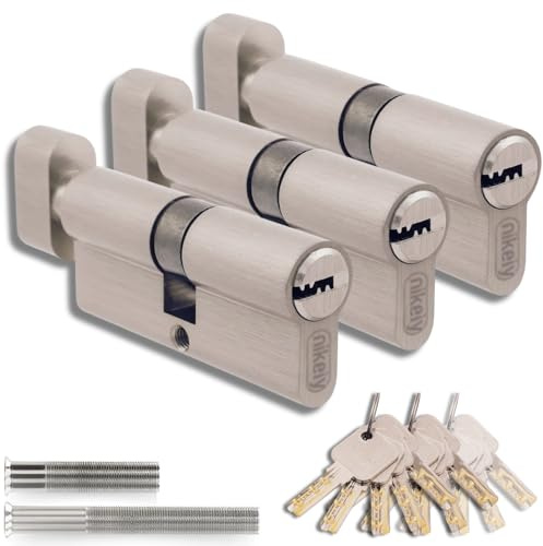 Set di 3 Cilindri con Pomello in Ottone 45/45mm con Chiave Unica, 15 Chiavi Incluse, 6 Viti, Serrature Universali per Porte e Garage, Lunghezza 90mm, Montaggio Facile