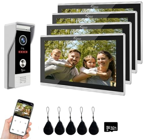 Sistema de intercomunicación con vídeo inteligente por cable para apartamentos,cámara de timbre 1080P con monitores de 10 pulgadas,desbloqueo 3 en 1,kits de interfono WiFi TUYA (1 Timbres + 4 Monitor)