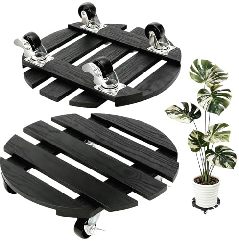 Porte Plante a Roulettes, 2 Supports de Plantes à Roulettes, avec Roulette Coulissantes Verrouillables à 360°, Capacite 120kg, Supports de Pots de Fleurs à Roulettes en Bois 30cm, pour Extérieur, Noir