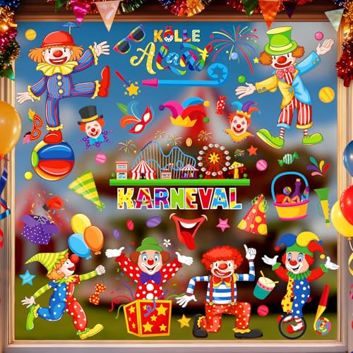 Adesivi per Finestre Carnevale, 100 Decorazioni per Finestre Vetrofanie Carnevale per Vetrine Grandi a Forma di Clown Riutilizzabili Immagini Addobbi Finestre Statica