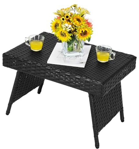 COSTWAY Mesa Baja de Mimbre Plegable, Mesa de Mimbre de Exterior con Tabla en PVC y Estructura en Acero Resistente, Almohadillas Antideslizantes, Patio Balcón Jardín, Diseño Salva Espacio (Negro)