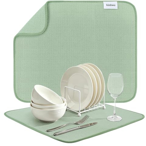 KinHwa Microfibre Dish Drying Mats Drying Mat for Kitchen Counter Absorbent | Super Absorbent Washing Up for Glass,Plate&Cup,drying mat for Kitchen Counter Green 40×45CM