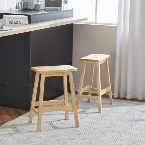 Bonnlo Bar Stools Set of 2, Saddle Seat Counter Stools with Footrest, Solid Pine seating, Natural Wood Kitchen & Dining Chairs,42x23x61cm, wooden