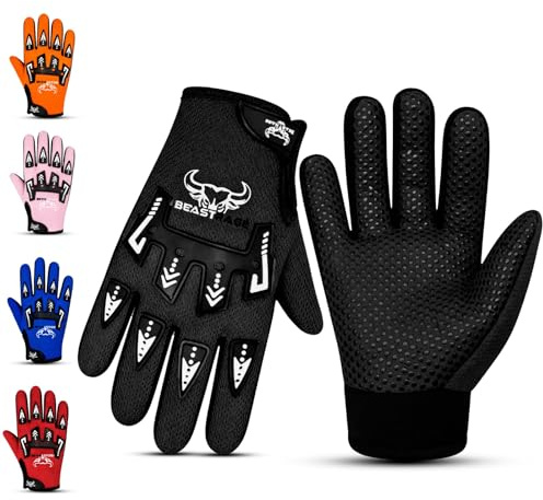 BEAST RAGE Guanti da bici per bambini, per motocross e BMX, per ragazzi e ragazze, antiscivolo, traspiranti, leggeri, per moto da cross (Nero, Extra large [10-12 anni])