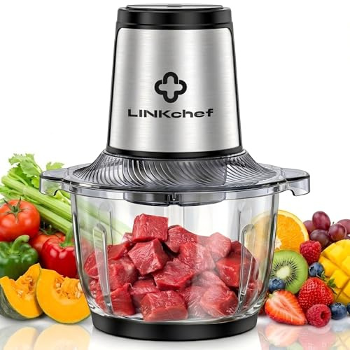 LINKChef Picadora Eléctrica 1,5L Vaso de Vidrio, 2 Velocidades, Cuchillas de Acero Inoxidable de 3 Niveles – Mini Procesador de Alimentos para Carne, Verduras, Frutas, Frutos Secos y Comida para Bebé