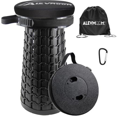 ALEVMOOM Tabouret télescopique portable avec siège rembourré et sac de transport, hauteur 26 cm, tabouret pliant rétractable pour camping, barbecue, pêche, randonnée et jardinage, poids maximum 270 kg