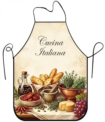 Delantal culinario italiano, diseño vintage de hierbas y alimentos, delantal de cocina para cocinar, lino de estilo rústico para barbacoa y cocina casera, Beige, 24x31 Inch