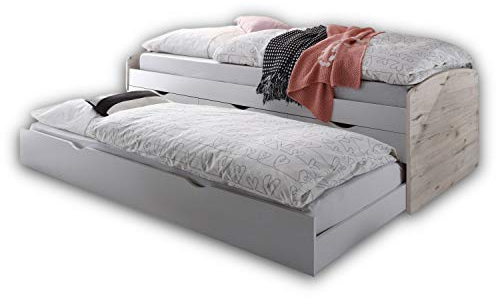 NESSI Moderne Tandemliege mit zwei Liegeflächen 90 x 200 cm - Praktisches Jugendzimmer Kojenbett in Sandeiche Optik, Weiß - 96 x 64 x 206 cm (B/H/T)