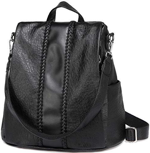 VASCHY Zaino antifurto alla moda in finta pelle con 3 modi per portarlo a spalla da donna con tessitura vintage, nero, Taille unique