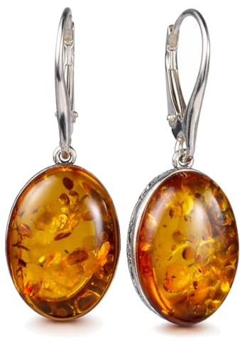 Amber Earrings - French Leverback Honey Oval Baltic Amber Dangling Earrings Lois - Sterling Silver Jewelry Collection