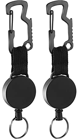 Ausziehbarer Schlüsselanhänger, SchlüSselband Ausziehbar mit Multitool Karabiner, SchlüSselrolle mit Stahldrahtschnur bis zu 63 cm, schwarz
