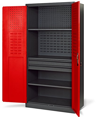 Jan Nowak Werkzeugschrank TC02AM Werkstattschrank mit Schubladen Flügeltüren Metallschrank 3 Fachböden Pulverbeschichtung 185 cm x 92 cm x 50 cm (Rot)