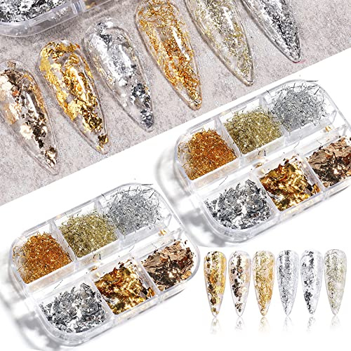 PLATEYTR 2 Cajas Brillantes de uñas Irregular Lentejuelas holográficas Láminas de Oro Bricolaje Polaco Arte de uñas Etiqueta Decoraciones De Uñas