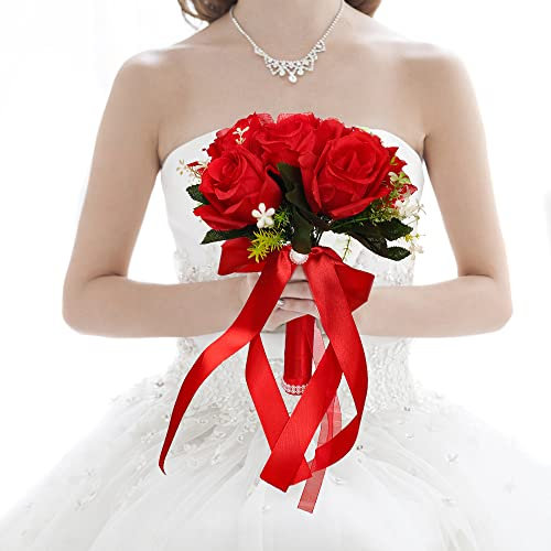 URFEDA Bouquets de Mariage, Rose Artificielle Bouquet de Mariée, Rose en Soie Faux Bouquet de Fleurs, pour Mariage Maison Fête Décoration, Centre de Table, Arrangements Floraux, Rouge