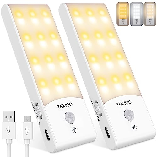 Motion Sensor Lights Indoor, 2Pack LED Motion Sensor Night Light Rechargeable with 3 Modes, Warm&White Color, 15%-100% Dimmable Wardrobe Lights for Cupboard, Stair, Cabinet, Bedroom, Kitchen, Hallway
