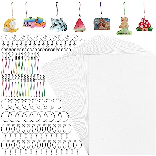 Natonhi 290 Pieces Heat Shrink Plastic Sheet Kit Include 30pcs A4 Shrinky Art Paper and 120 Keychains Accessories 20 Earring Hooks, Creative Craft Homemade Shrinky Dinks and Keychain