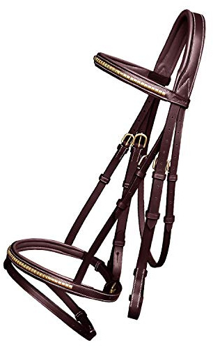 Exion English Jumping Bridle with Flash – Anatomical Padded Headpiece & Brass Clincher Studded Browband & Noseband – Premium Leather Horse Bridle with Contrast Stitching & Rubber Reins – Pony to Full