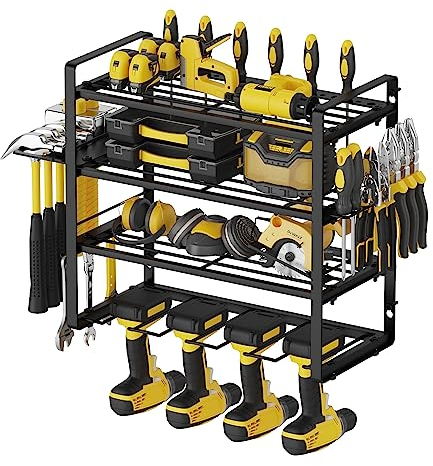 AcornFort W-1701 4 Etagen 40cm Mittlere Größe Wandregal Metall Schwere Garage Werkzeug Werkstatt Organizer 4 Steckplätze Akkuschrauber Halterung Wand Werkzeugaufbewahrung mit 4 Bohrhaltern