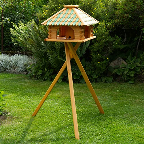 Deko-Shop-Hannusch Vogelhaus wahlweise mit Ständer und Solarbeleuchtung, Verschiedene Dachfarben (Vogelhaus mit Solar und Ständer, Dach Holzschindeln grün/braun)