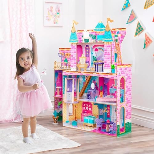 ATAA Casa de muñecas Castillo Grande Vegas - Rosa - Casa de muñecas de Madera para Montar, para niñas y niños con Muebles y Accesorios, casita para muñecas de 30 cm, Castillo Princesas de Madera