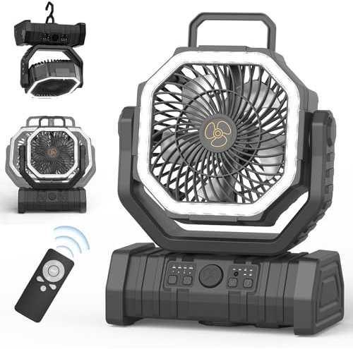 OUWANCH Camping Ventilator mit Akku 20000mAh – USB Tischventilator wiederaufladbar mit LED Licht, Fernbedienung, 4 Stufen, 270° Drehung & Haken, ideal für Zelt, Outdoor & Reisen