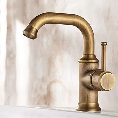 OQCOYUVRY Kitchen Sink Mixer Tap, Single Lever Bathroom Retro Basin Mixer Tap with Bubbler Hot and Cold Adjustable Ceramic Valves, Brushed Brass Sink Tap for Hotel Toilet Kitchen Restroom(A)