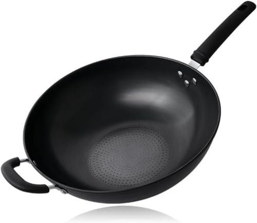 Nonstick wokar, 13,4 tums svarta järn wokar och stekpannor, ingen kemisk belagd kinesisk wok med förbli kallt handtag, hållbar och reptålig, för matlagning, induktionskokkärl, kompatibel-34 cm (3