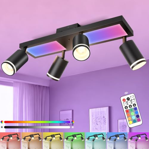 YindaLux Dimbar LED-taklampa med 4 spotlights med fjärrkontroll, RGB 30 W 3 600 LM orienterbara GU10 takspotlights, svart taklampa med lägre glöd, 10 W+4 x 5 W, GU10, för vardagsrum, kök, sovrum