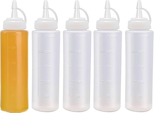 RIPETIC 5 Pack Squeeze Bottle with Nozzles, 8oz / 250ML Plastic Sauce Bottle with Scales, Squeezy Bottles for Oil,BBQ,Salad Dressing,Paint,Icing,Liquids,Glue