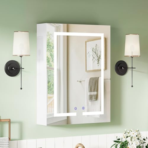 Bathroom Mirror Cabinet with Led Light, Adjustable Shelves, 50 x 66 x 15 cm | Bathroom Wall Mounted Mirror Cabinet, 3 Colour Dimmable Illuminated Mirror Storage Cupboard, Shaver Socket, Anti Fog, White
