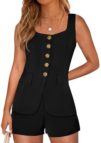 PRETTYGARDEN Womens 2 Piece Matching Sets 2026 Fashion Suit Vest Tops Shorts Set Spring Business Casual Vacation Outfits (Black,Large)