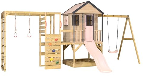 Wendi Toys caseta Infantil de jardín de Madera FSC 342×508×242 cm con tobogán 175 cm, Columpio y Zona de Escalada con Pared, Red, Barras con y Doble Plataforma 90/120 cm, Rosa Pastel - M50PP-G