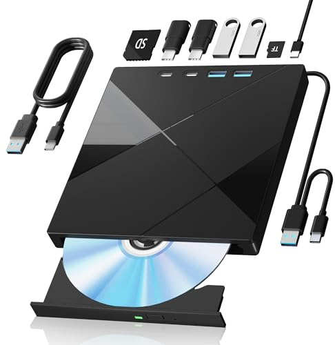 Wbacon 7 in 1 External CD/DVD Drive for Laptop, Portable DVD Player for Laptop with SD/TF Port, External DVD Drive with USB 3.0/Type C, CD Drive USB for PC Windows Linux
