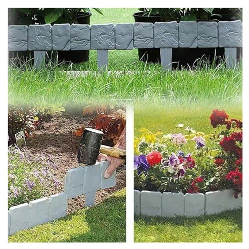 5 paneles de valla de plástico de piedra de imitación, borde de jardín sin excavación para parterres, patio y barrera de césped (blanco)