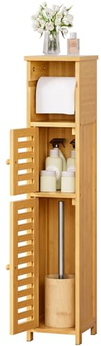 Yorbay Porta Carta Igienica con Ante e Ripiani: Mobile da Bagno Stretto con Portarotolo per Piccoli Spazi e Angoli - Contenitore per Carta Igienica in Bambù per Bagno