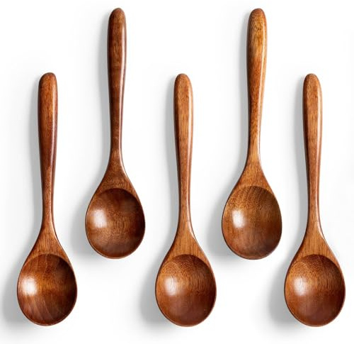 JYSNOW 5 Piezas 14 x 3 x 2 cm Cuchara de Madera, Sopa Cucharas Cocina, Cocina Japonesas de Pequeñas, para Miel Café Té Yogur Salsa Postres con Acabado (Marrón)