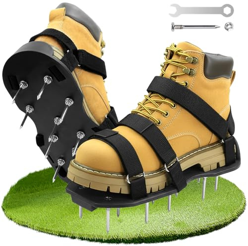 Rasenlüfter Schuhe, Nagelschuhe Rasen, Nagelschuhe Vertikutierer mit 5.5cm Nägeln, 6 verstellbaren Riemen, Montageschlüssel, für Garten Rasen